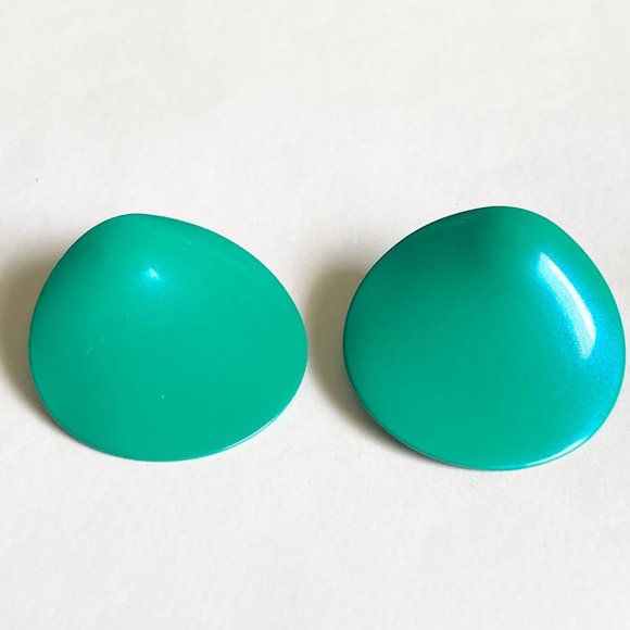 Vintage Aqua Green Enamel Clip On Earrings 70's 80's Pearlized Freeform Modern - Picture 3 of 9